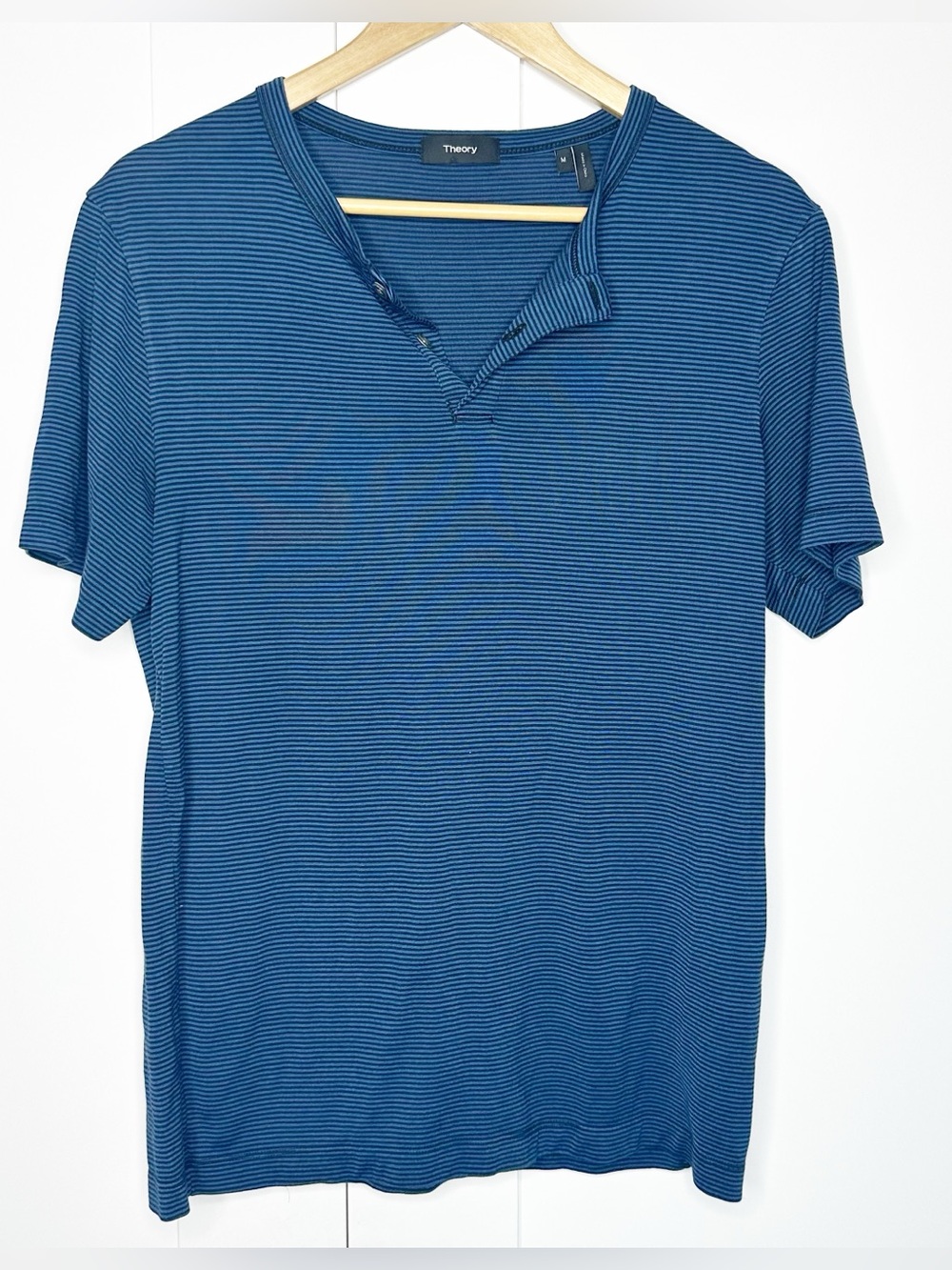 Theory Gaskell striped short-sleeve henley shirt medium blue modal designer